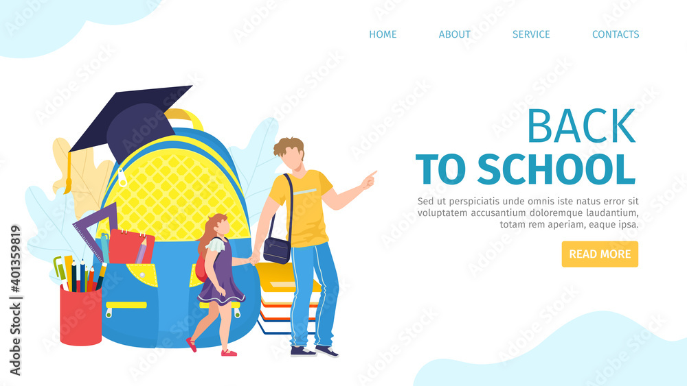 Back to school together, schoolgirl with parent landing page vector illustration. Kid go for study, cartoon education website. Flat man girl pupil, family character go to school concept. Back to school together, schoolgirl with parent landing page vector illustration. Kid go for study, cartoon education website. Flat man girl pupil, family character go to school concept.