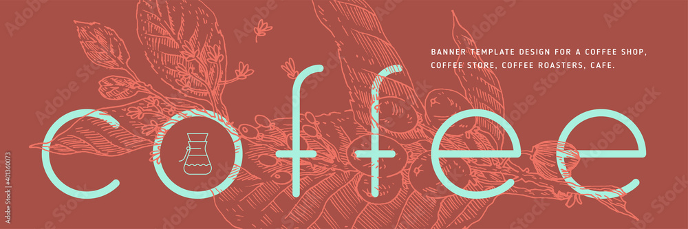 Vintage coffee shop banner template with vector coffee beans drawing in engraving style. Isolated coffee branch illustration on color background. Panoramic coffee roasting banner. Organic caffeine.
