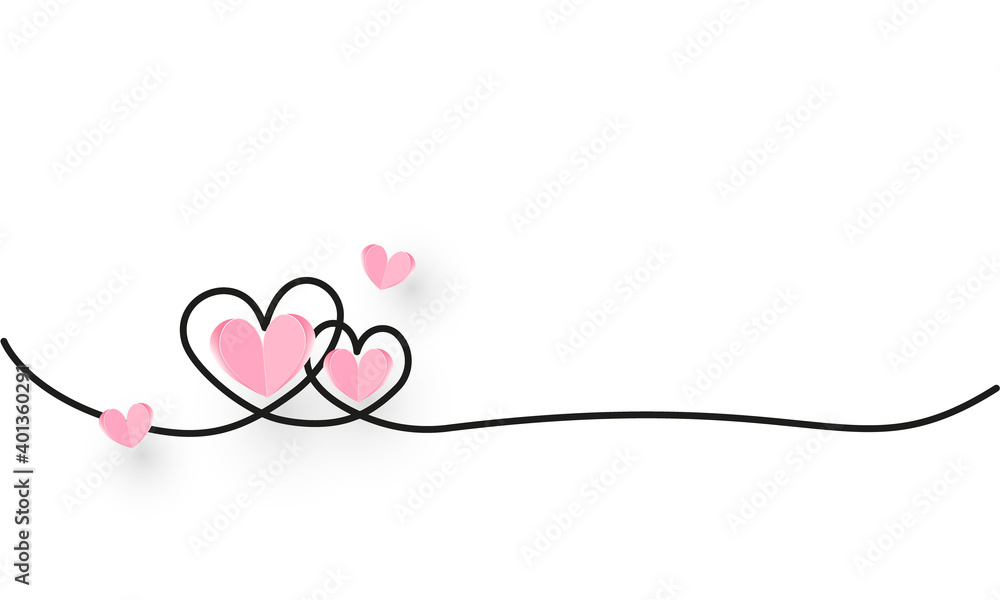 Continuous line heart shape border with realistic paper heart on white background for valentines, women, mother day greeting invitation graphic design Continuous line heart shape border with realistic paper heart on white background for valentines, women, mother day greeting invitation graphic design