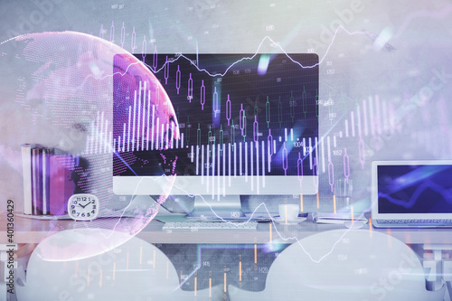 Multi exposure of stock market chart drawing and office interior background. Concept of financial analysis.