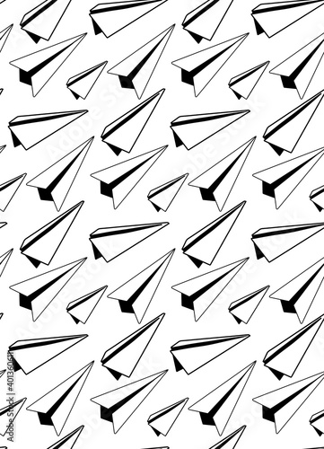 Seamless pattern of black and white sketches of paper airplanes. Letters and mail. Transportation of correspondence by air. Vector texture for wallpapers, fabrics, wrapping paper and your creativity