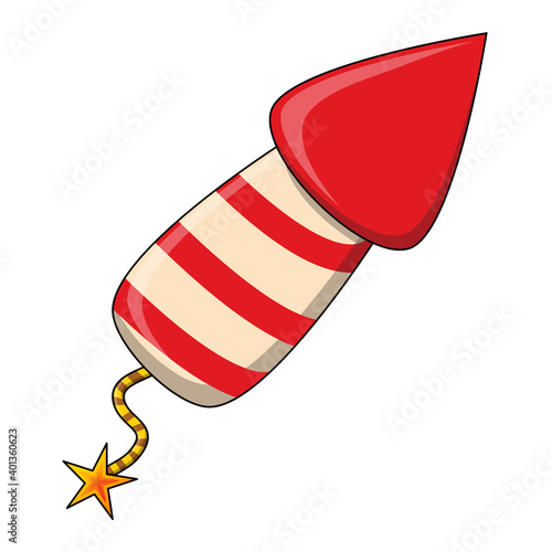 Firework rocket cartoon icon. Red stripes petard symbol for New year design. Vector illustration isolated on white background.