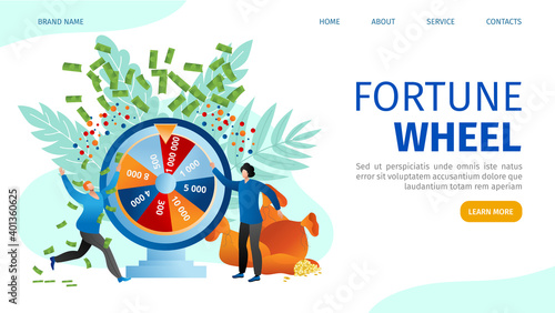 Fortune wheel at online casino, people play at gambling concept vector illustration. Game landing banner, mobile roulette in internet web page. Man character try luck at jackpot website.