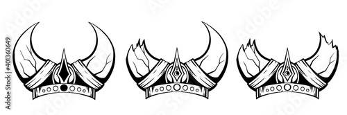 Set of sketches of viking helmets with horns. Armor of barbarians and warriors. Vector hand drawn black and white ink drawing. Tattoo and print on stuff.