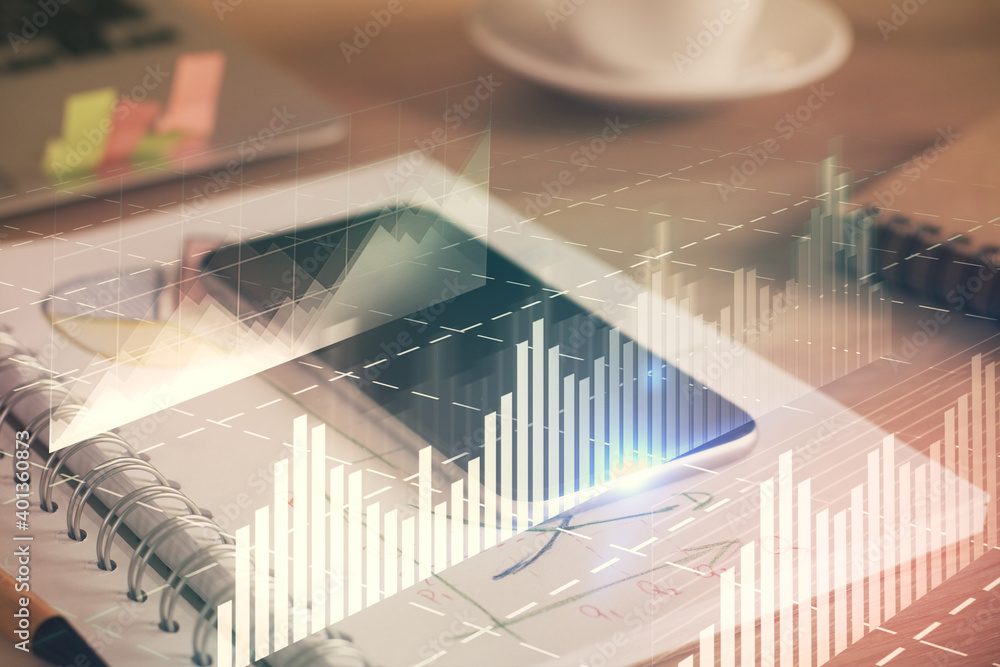 Double exposure of forex chart drawing and cell phone background. Concept of financial data analysis Double exposure of forex chart drawing and cell phone background. Concept of financial data analysis