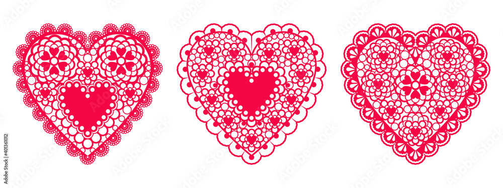 Set of lace hearts from paper for design element wedding or Valentine's Day cards, invitations, etc. Vector flat design.