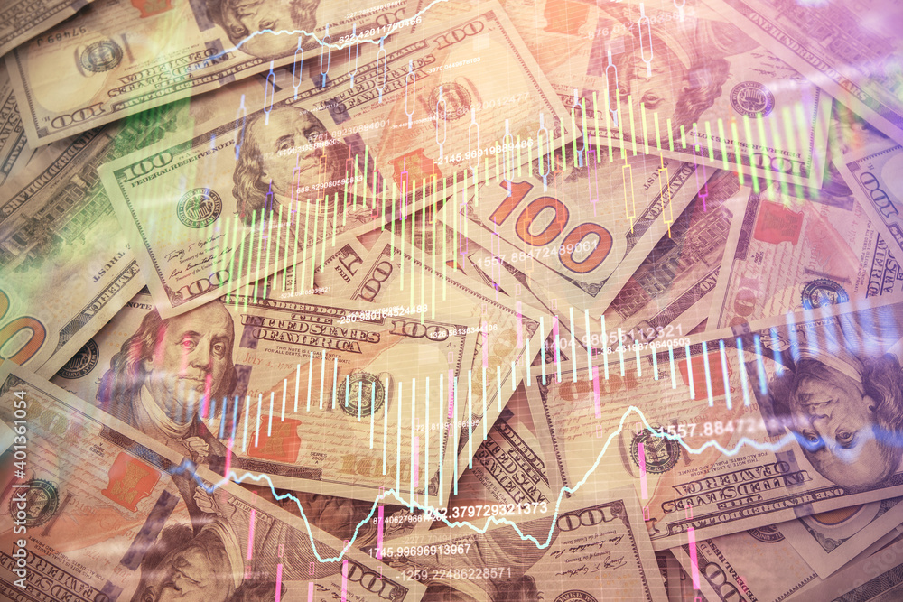 Multi exposure of forex chart drawing over us dollars bill background. Concept of financial success markets. Multi exposure of forex chart drawing over us dollars bill background. Concept of financial success markets.