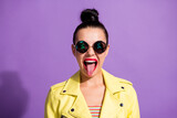 Photo of crazy youngster girl stick tongue red pomade isolated over violet color background