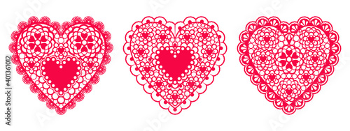 Set of lace hearts from paper for design element wedding or Valentine's Day cards, invitations, etc. Vector flat design.