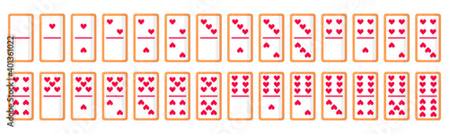 Set of 28 domino bones cookies with hearts for Valentine's Day. Vector flat icon design isolated on white background.