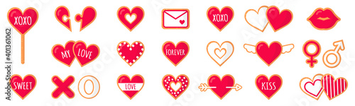 Set of gingerbread cookies with lettering love for Valentine's Day. Vector flat icon design isolated on white background