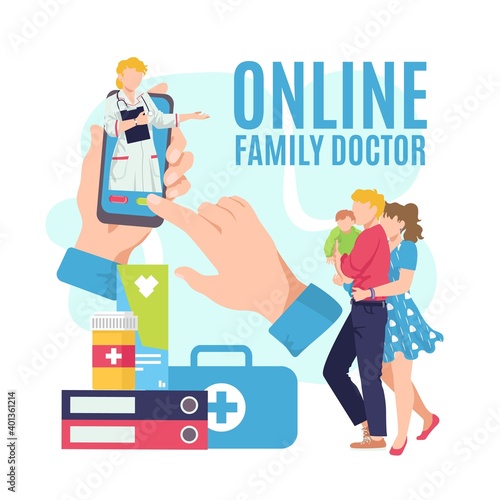 Online medicine, family doctor at mobile vector illustration. Medical health ...