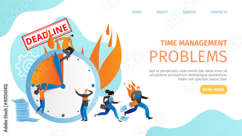 Time management problem, business deadline at alarm clock banner vector illustration. Office manager employee work in stress, web page concept. Flat man woman team plan career strategy.
