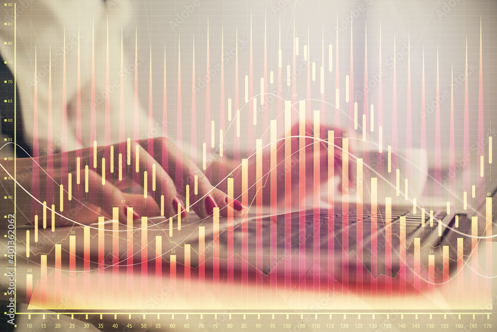 Multi exposure of woman hands typing on computer and financial graph hologram drawing. Stock market analysis concept. Multi exposure of woman hands typing on computer and financial graph hologram drawing. Stock market analysis concept.