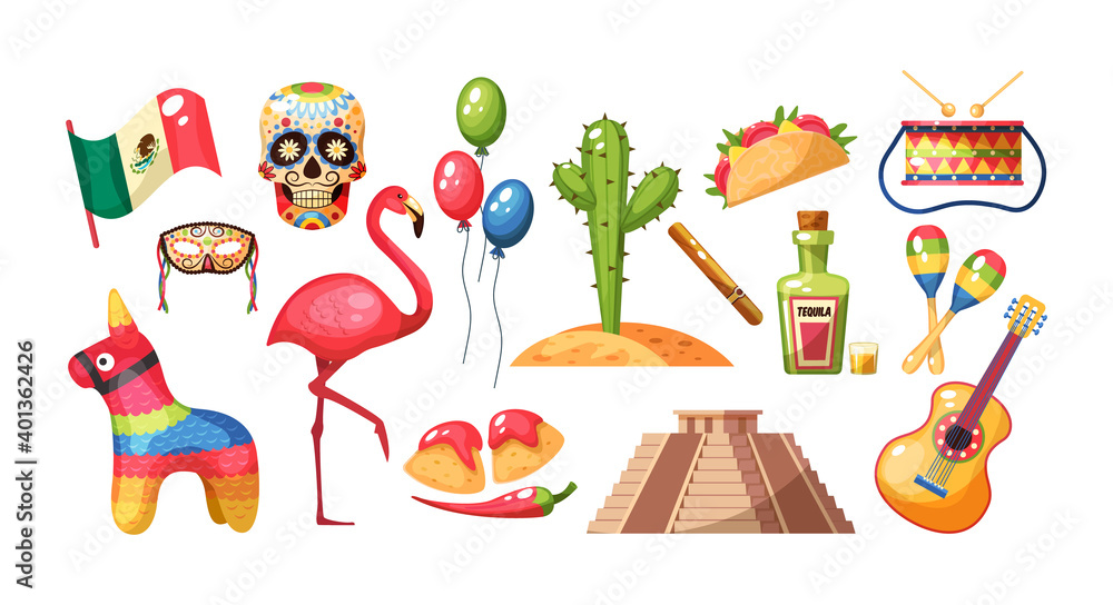 Naklejka premium Mexican culture traditional symbols collection. Traditional: Mayan pyramid, musical instruments, guitar, maracas, cactus, food, taco and pinata, tequila, flamingo, games, flag, skull masks vector