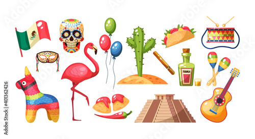 Fototapeta Naklejka Na Ścianę i Meble -  Mexican culture traditional symbols collection. Traditional: Mayan pyramid, musical instruments, guitar, maracas, cactus, food, taco and pinata, tequila, flamingo, games, flag, skull masks vector