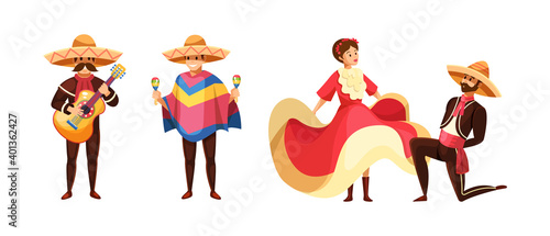 Mexican musicians and dancer in traditional native clothes.