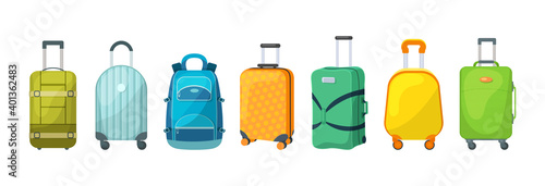 Travel luggage, plastic case, metal backpacks and leather bag. Travel suitcase with wheels, journey package, business travel bag, trip luggage. Vector backpack suitcase for journey, vacation