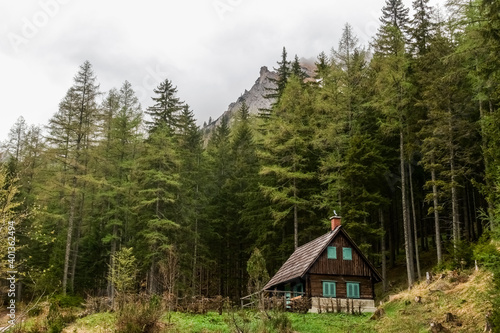 house in the forest and mountains while hiking in the spring © thomaseder