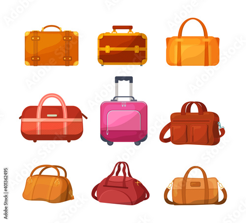 Travel luggage, plastic case, metal backpacks and leather bag. Travel suitcase with wheels, journey package, business travel bag, trip luggage. Vector backpack suitcase for journey, vacation