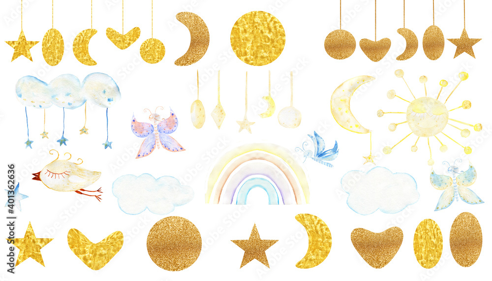 Watercolor clouds, rainbow, moon, stars,bird, butterfly, sun, Sleeping set. Children's Illustration. Watercolor clouds, rainbow, moon, stars,bird, butterfly, sun, Sleeping set. Children's Illustration.