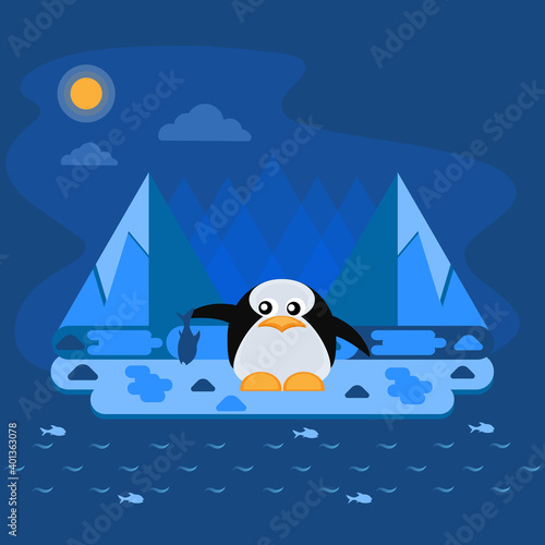 Vector winter illustration with a cute penguin catching fish among icebergs in the Antarctic.