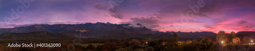 Panoramic view of sunset over mountains in Corsica