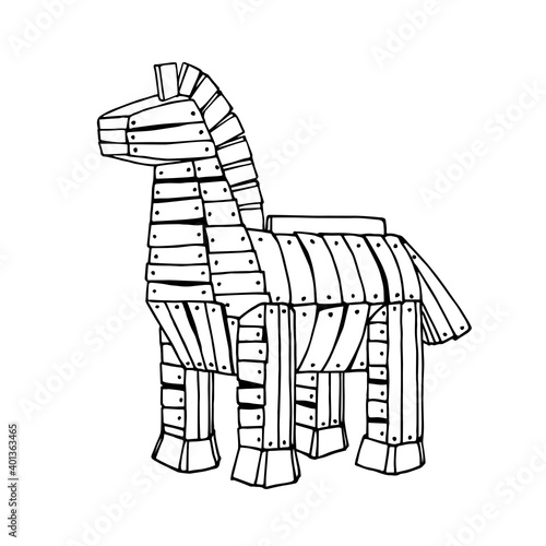ancient Trojan horse made of wooden boards, legendary war tactics, computer virus concept, vector illustration with black contour lines isolated on a white background in a doodle and hand drawn style