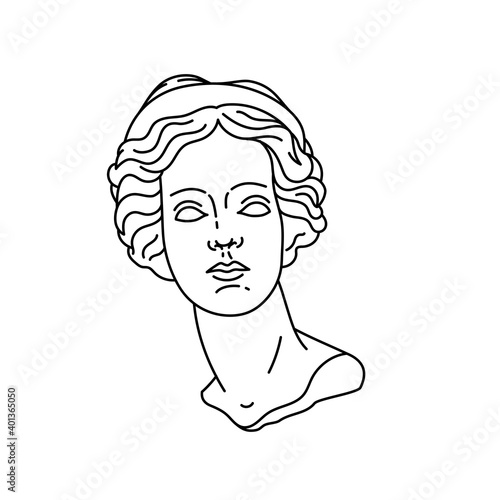 Head of an antique statue. Plaster sculpture of a woman. The symbol of love and beauty. Line art minimal concept. Vector illustration isolated on white background tattoo flash design