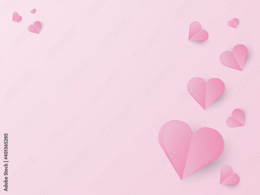Happy Valentine's day. Flying Love pink Hearts in paper cut style.Pink background.