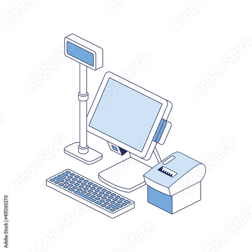 Cash register, receipt printer, computer screen. Vector 3d line isometric, color web icons, new flat style. Creative illustration, idea for infographics.