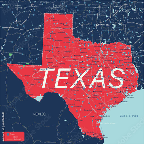 Texas state detailed editable map with cities and towns, geographic sites, roads, railways, interstates and U.S. highways. Vector EPS-10 file, trending color scheme photo