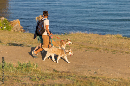 People walk with dogs on the shore of lake Baikal.