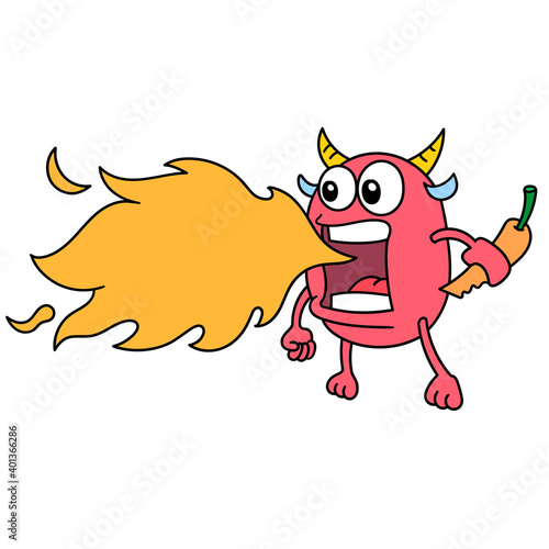 fire spitting evil devil emoji sticker, doodle kawaii. doodle icon image