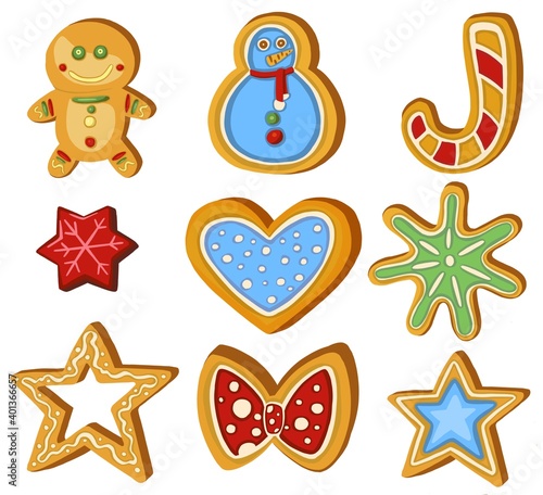Set of gingerbread Holiday sweet cookie isolated . Vector illustration