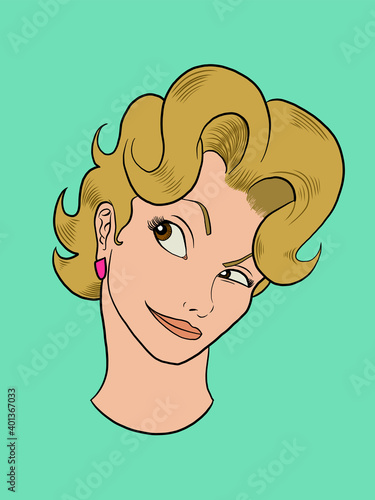 A nice blonde girl face portrait over a turquoise background. Vector illustration