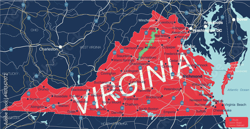 Virginia state detailed editable map with cities and towns, geographic sites, roads, railways, interstates and U.S. highways. Vector EPS-10 file, trending color scheme