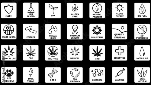 Large Set of CBD oil icons. Popular food product stamp. Simple design, vegan, pure, natural, no pesticides, organic, eco, gluten free, pet friendly. Product label logo stamp set.