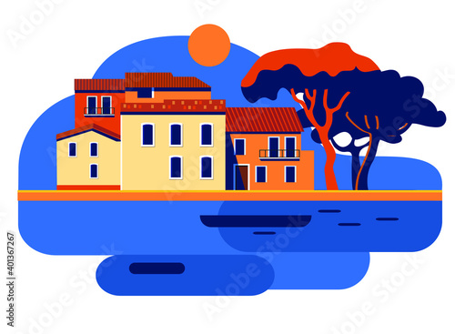 Mediterranean landscape with town and sunset flat style vector illustration. South of Europe color image