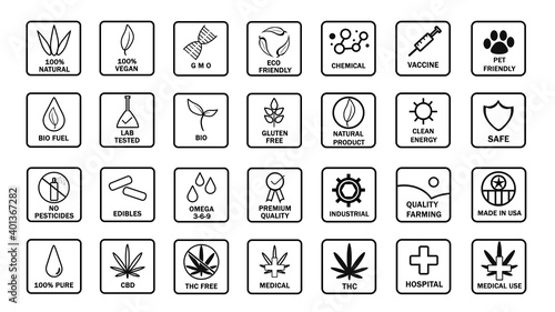 Big Set of CBD oil icons. THC free, made in USA, bio, vegan, premium quality, lab tested, omega 3-6-9, pure, natural, no pesticides, organic, eco, gluten free, pet friendly. Product label stamp seal.
