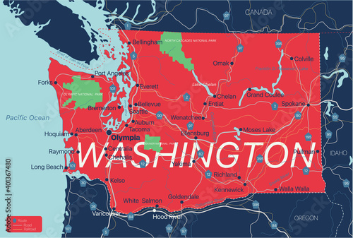 Washington state detailed editable map with cities and towns, geographic sites, roads, railways, interstates and U.S. highways. Vector EPS-10 file, trending color scheme