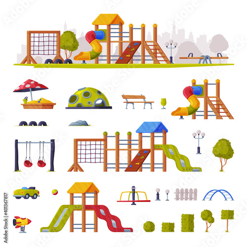 Children Playground Elements with Slide, Swings and Ladders Vector Set
