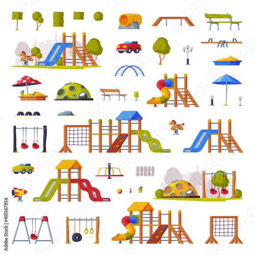 Children Playground Elements with Slide, Swings and Ladders Vector Set
