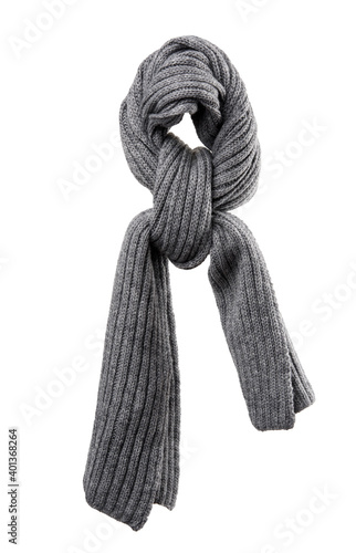 knitted gray winter scarf isolated on white background