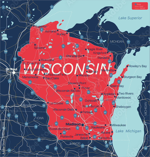 Wisconsin state detailed editable map with cities and towns, geographic sites, roads, railways, interstates and U.S. highways. Vector EPS-10 file, trending color scheme photo