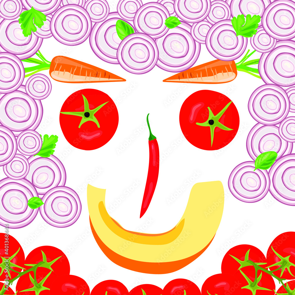A smiling human face made of various vegetables: onions, tomatoes, carrots, chili peppers and pumpkins. Vector drawing. A smiling human face made of various vegetables: onions, tomatoes, carrots, chili peppers and pumpkins. Vector drawing.