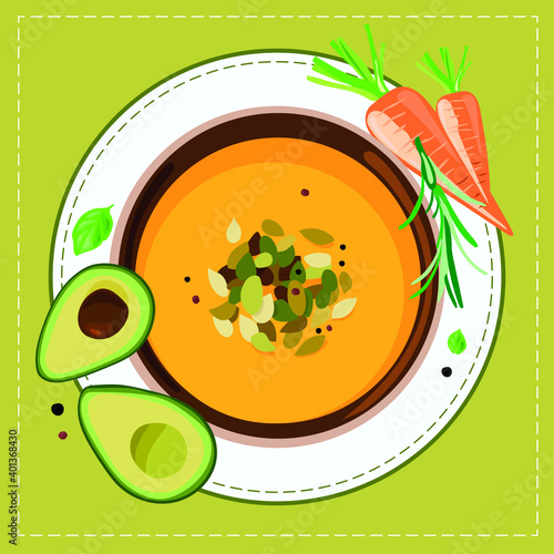 Vegetable soup in a plate, top view. Avocado, carrots, herbs, spices, seeds in a white plate on a green napkin. Sticker, sticker, drawing for the menu.