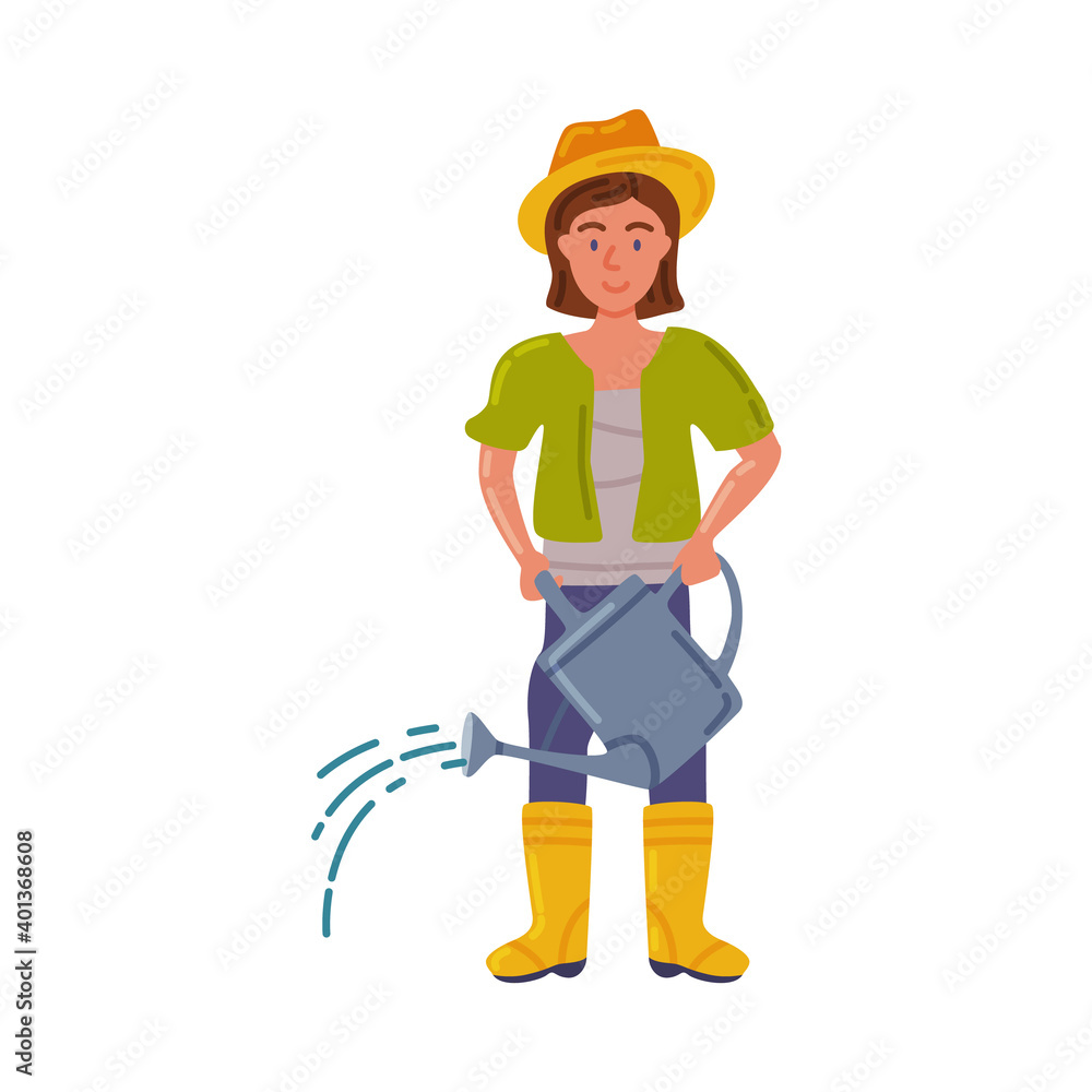 Woman Farmer with Watering Can, Female Agricultural Worker Gardener Character Working on Farm, Eco Farming, Agriculture and Farming Concept Cartoon Style Vector Illustration