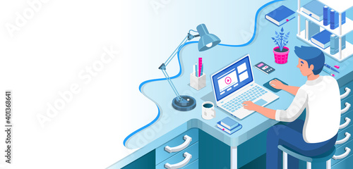Learning online at home. Student sitting at desk and looking at laptop. E-learning banner. Web courses or tutorials concept. Distance education flat isometric illustration.