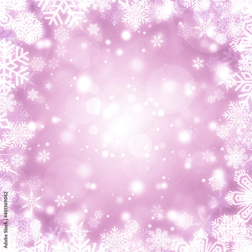 Festive whіte and purple bokeh background with a frame of shiny white snowflakes